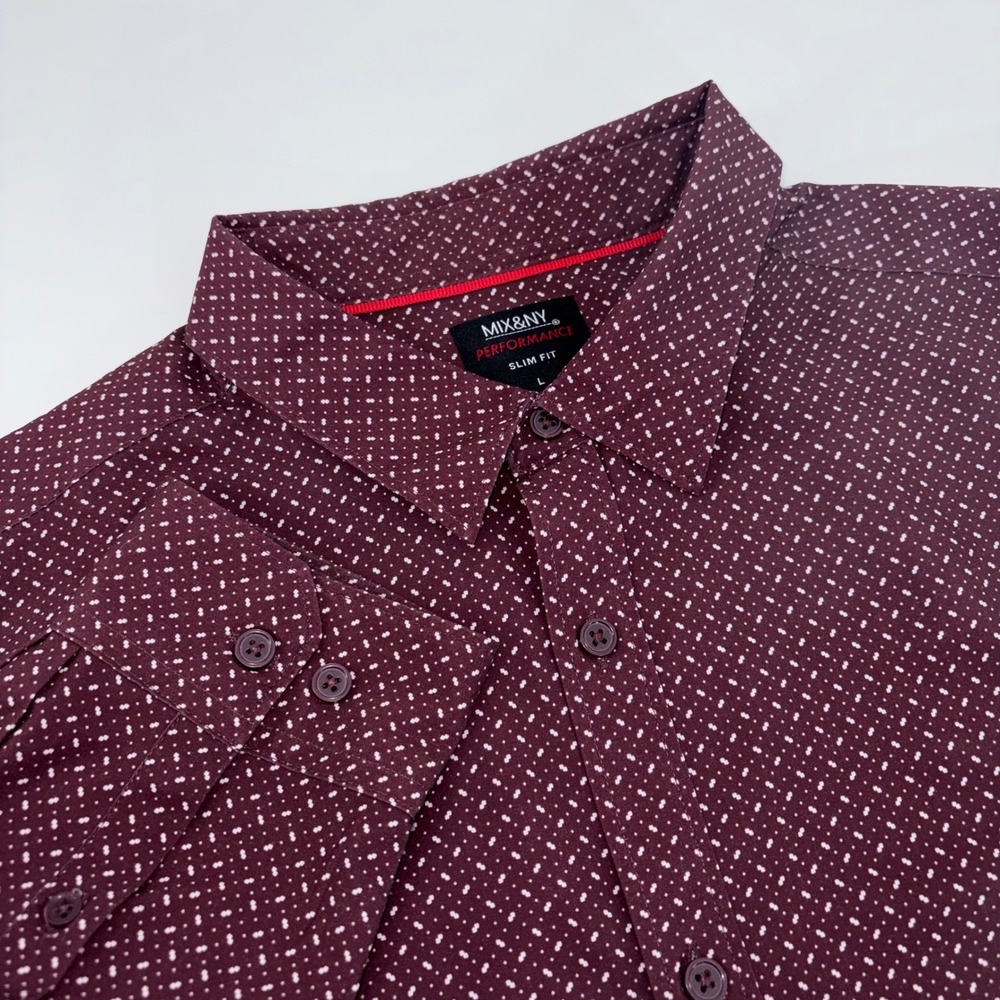 MIX&NY Performance Slim Fit Shirt Mens Large Burgundy Geometric Long Sleeve L